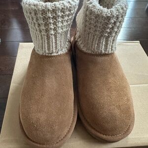UGG Tan Solene mini Boots with Cream Knit Cuffs